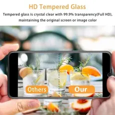 Comparison image showcasing the HD tempered glass screen protector for the Nokia G11, highlighting its 99.9% transparency for full HD clarity and true color retention.