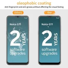 Comparison of Nokia G11 screen protectors, highlighting oleophobic coating for anti-fingerprint protection.