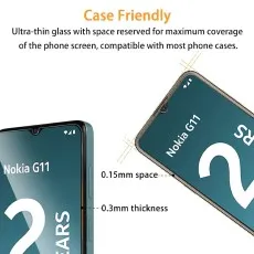 Illustration of a case-friendly Nokia G11 screen protector with 0.3mm thickness and 0.15mm space for compatibility with most phone cases.
