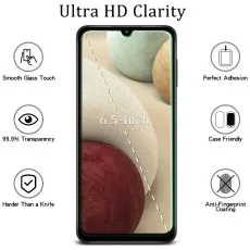 Samsung Galaxy A02 with tempered glass screen protector, showcasing 6.5-inch display and Ultra HD Clarity