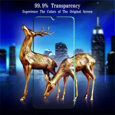 Tempered glass screen protector showcasing 99.9% transparency with a clear display of golden deer and cityscape