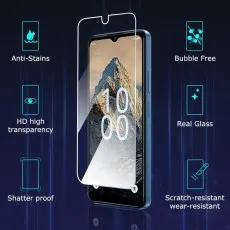 A transparent screen protector positioned over a smartphone, highlighting features like anti-stains, bubble-free application, HD transparency, real glass, shatterproof, and scratch resistance