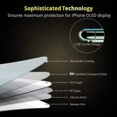 Tempered glass screen protector with 9H hardness, oleophobic coating, and 2.5D curved edges.