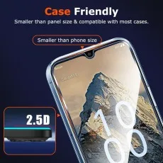 A smartphone with a screen protector designed to be case-friendly, featuring a 2.5D edge for compatibility.