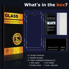 Screen protector package contents displayed, including glass protectors, wipes, bubble scraper, and cleaning kit