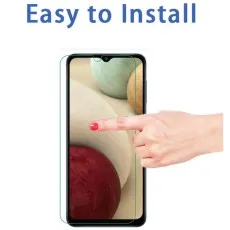 Easy-to-install screen protector for Galaxy A12, with a hand pointing to the display for alignment