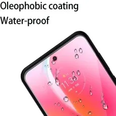 Smartphone screen with water droplets showcasing oleophobic and waterproof coating for protection