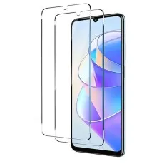 Two transparent tempered glass screen protectors displayed over an Realme 10 5G