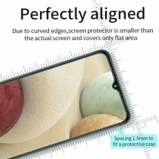 Perfectly aligned screen protector with 1.5mm spacing for case compatibility, covering only the flat area