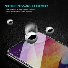 Samsung Galaxy A70 tempered glass screen protector featuring 9H hardness for superior scratch and impact resistance.
