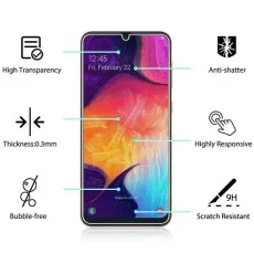 Samsung Galaxy A70 tempered glass screen protector with 9H hardness, anti-shatter, and high transparency.