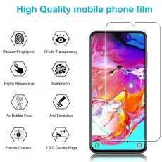 Samsung A90 with a high-quality tempered glass screen protector featuring multiple protection benefits.