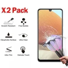 Pack of two tempered glass screen protectors featuring scratch resistance, ultra clarity, and impact protection.