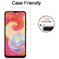 Case-friendly tempered glass screen protector for Samsung Galaxy F04, featuring a 2.5D curved edge design for smooth compatibility with phone cases.