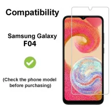 Samsung Galaxy F04 compatibility check with a transparent tempered glass screen protector for full coverage and protection.