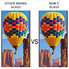 Comparison of other brand glass vs. NEW'C glass, highlighting better clarity and color vibrancy