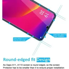 Oppo A8 tempered glass with round-edged fit design, allowing space for a protective case and proper installation