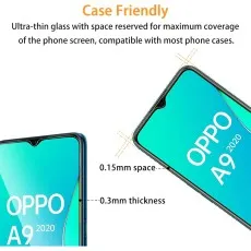 Oppo A9 2020 tempered glass with 0.3mm thickness and 0.15mm space for case-friendly compatibility