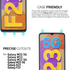 Case-friendly tempered glass screen protector with precise cutouts for Samsung Galaxy F23. The protector covers only the straight surface of the screen to ensu.