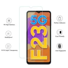 Samsung Galaxy F23 5G screen protector with 9H hardness, shatterproof design, 99.9% transparency, perfect adhesion, case-friendly fit, and anti-fingerprint coating.
