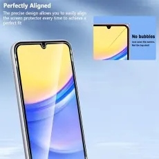 This image highlights the precise alignment of the tempered glass screen protector, ensuring a bubble-free application for a perfect fit on the Samsung Galaxy M02.