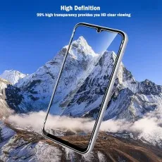 This image showcases the high-definition clarity of the tempered glass screen protector, emphasizing its 99% transparency for an HD viewing experience.