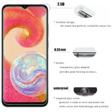 Samsung Galaxy M04 with a 2.5D, 0.33mm transparent, waterproof tempered glass screen protector.