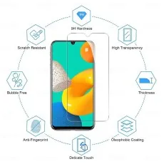 Samsung Galaxy A32 5G tempered glass screen protector – 9H hardness, high transparency, anti-fingerprint, oleophobic coating, delicate touch, and bubble-free installation.