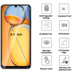 Xiaomi Poco C3 with a 6.5-inch display and 9H tempered glass screen protector featuring anti-fingerprint and explosion-proof.