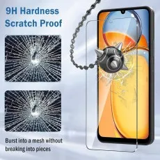 Xiaomi Poco C3 with a 9H hardness scratch-proof tempered glass screen protector, designed to resist shattering on impact.