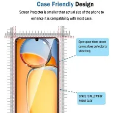 Xiaomi Poco C3 with a case-friendly tempered glass screen protector, designed to fit with phone cases by leaving open edges.