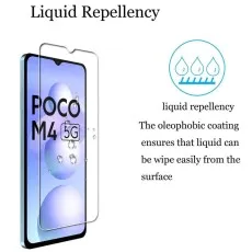 Poco M4 5G tempered glass screen protector featuring liquid repellency with an oleophobic coating that prevents liquid from sticking and allows easy wiping.