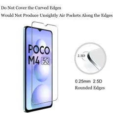 Poco M4 5G tempered glass screen protector with 2.5D rounded edges, designed to avoid covering curved edges and prevent air pockets along the sides