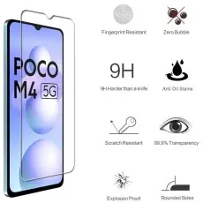Poco M4 5G tempered glass screen protector with 9H hardness, fingerprint resistance, zero bubbles, anti-oil stains, scratch resistance, 99.9% transparency, explosion-proof durability, and rounded ed.