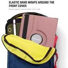 Close-up of pink Samsung Galaxy Tab A9 Plus 11'' 2023 leather case with marked features PU leather exterior, impact-resistant hard PC, and microfiber lining