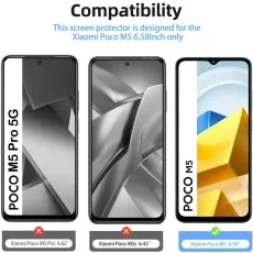 Compatibility chart showing that the screen protector is designed only for Xiaomi POCO M5 (6.58), not for POCO M5 Pro or M5s