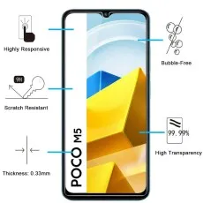 Xiaomi POCO M5 with a 9H scratch-resistant, 0.33mm thick, high-transparency, bubble-free, and highly responsive screen protector.