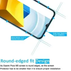 Xiaomi POCO M5 with a round-edged screen protector, designed smaller for proper installation and case compatibility..