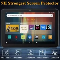 Amazon Fire HD 8 (12th Gen, 2024) tablet with a 9H strongest tempered glass screen protector featuring anti-scratch, no bubbles, anti-shatter, touch sensitivity, and ultra-clear propert