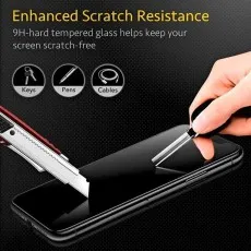 9H tempered glass screen protector demonstrating scratch resistance against a knife and screwdriver, protecting from keys, pens, and cables.