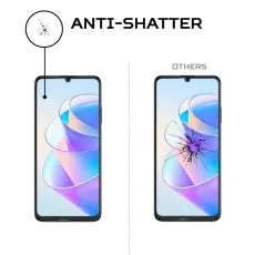 Side-by-side image showing an Vivo Y20 Note with a minor crack using a tempered glass protector versus a shattered screen without protection.
