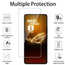 Asus ROG Phone 8 Pro with a 9H tempered glass screen protector featuring anti-fingerprint, anti-shatter, and high transparency.