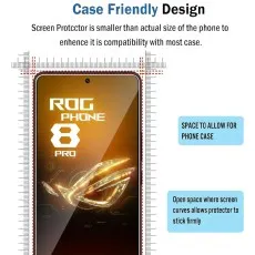 Asus ROG Phone 8 Pro with a case-friendly tempered glass screen protector, designed to fit with most phone cases by leaving space around the edges.