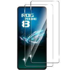 ROG Phone 8 with two transparent tempered glass screen protectors layered on top for enhanced display protection.