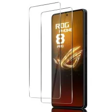 Asus ROG Phone 8 Pro with a tempered glass screen protector displayed in front of the device
