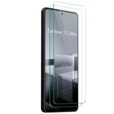 Asus Zenfone 11 Ultra with two transparent tempered glass screen protectors aligned on top for enhanced display protection.