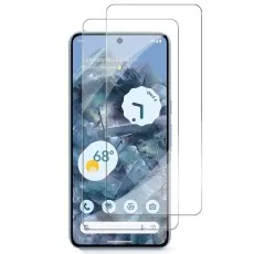 Google Pixel 8 Pro with a tempered glass screen protector, showing weather and clock widgets on the home screen.