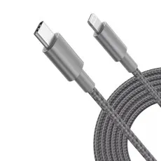 Gray braided Type C to iPhone charger cable 1M showcasing high-quality construction and fast charging compatibility