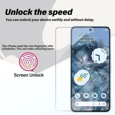 Google Pixel 8 Pro screen protector with fingerprint unlock support, emphasizing fast unlocking and re-registering fingerprints.