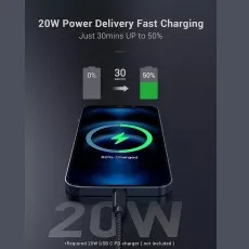 20W Power Delivery fast charging demonstration showing 50% charge in 30 minutes using a Type C to iPhone cable